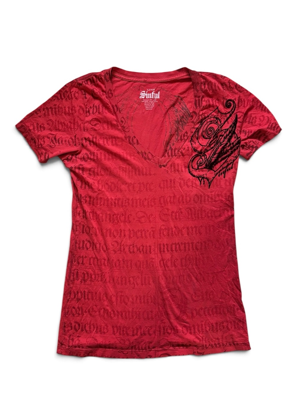 Sinful Red V-Neck Graphic Women's Tee Size L